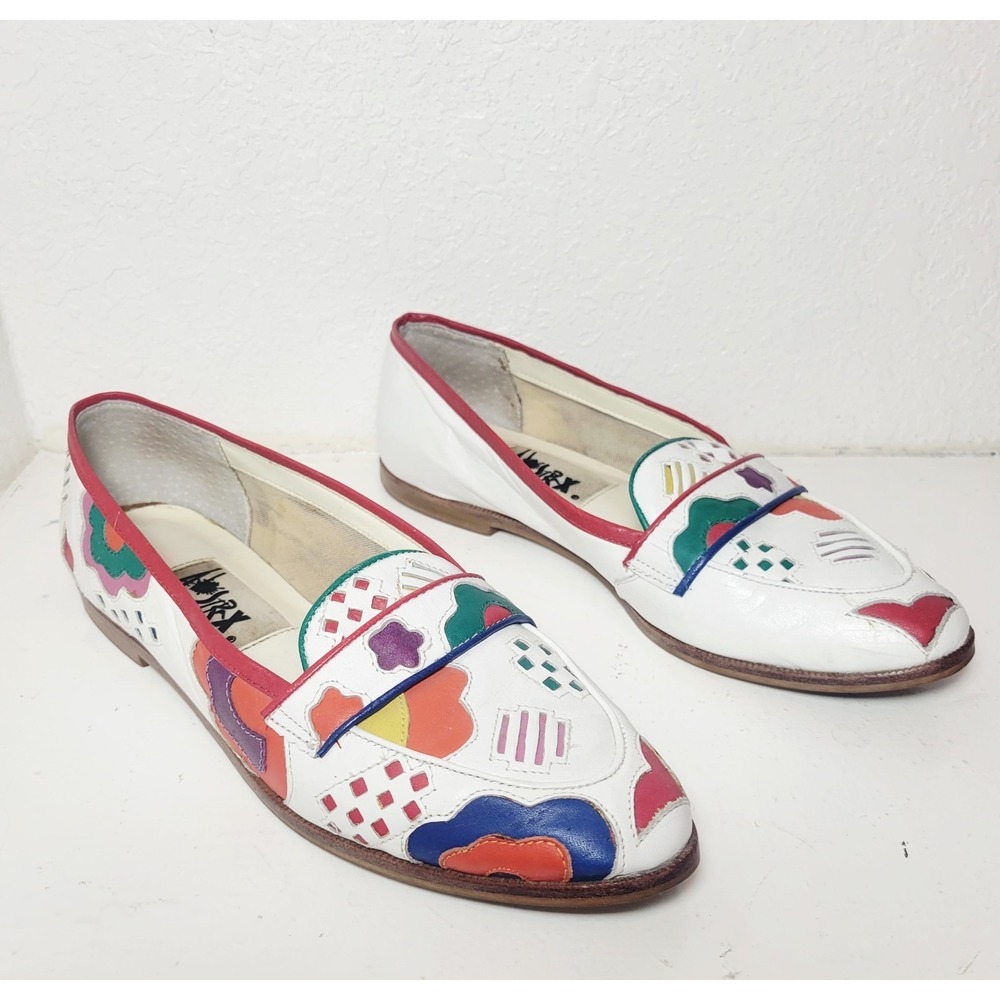 Vintage Abstrax Women's Sz 7.5 White Leather Flats New Wave Colorful White Shoes